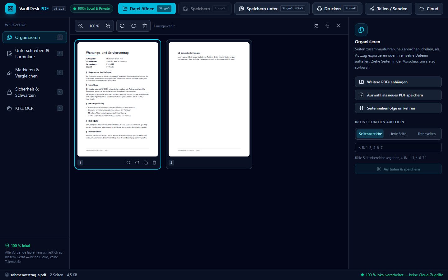 VaultDesk PDF: Seitenvorschau mit ausgewähltem Dokument und dem Panel „Organisieren“ – Seiten drehen, sortieren, aufteilen