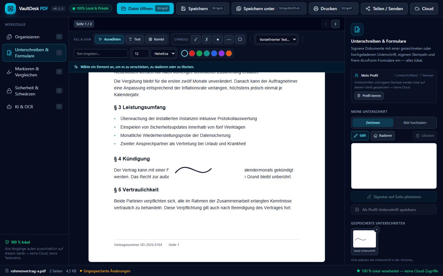 VaultDesk PDF: Signatur per Klick auf der Seite platzieren – Panel „Unterschreiben & Formulare“